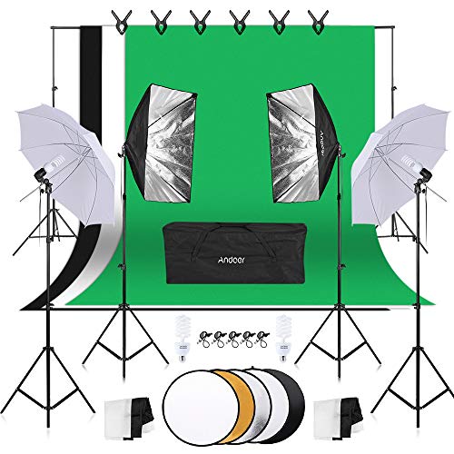 Andoer Unbrella Softbox Kit para fotografía 1.8 x 2.7 m, Juego de iluminación para Pantalla Verde Blanco Negro, con Bombilla, Softbox, Paraguas, Soporte de Fondo, Soporte de luz, Reflector Redondo