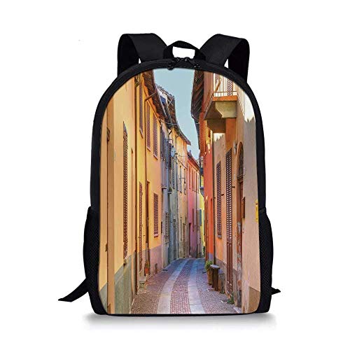 AOOEDM Backpack Italia Elegante Mochila Escolar, Calle Estrecha pavimentada Entre Casas Antiguas en la Ciudad Serralunga DAlba Piedmont Decorativo para niños, 11 'L x 5' W x 17 'H