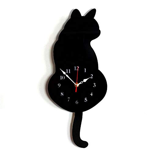 Artensky Reloj de Pared acrílico Moderno Lindo Gato Reloj sacudir la Cola decoración del hogar Mover Silencio (Negro)