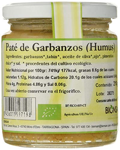 Bionsan Pate de Garbanzos Humus - 6 Paquetes de 210 gr - Total: 1260 gr