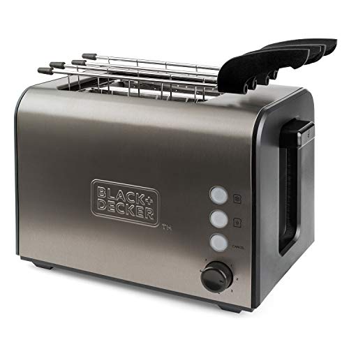 Black+Decker BXTOA900E Tostadora de pan con 2 ranuras extra anchas, 7 niveles de tostado, sistema de pinzas extraíbles, funciones: Stop, Recalentar y Descongelar, 900 W, Acero Inoxidable, Inox