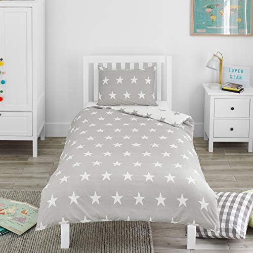 Bloomsbury Mill - Juego de cama para niño - Funda nórdica y funda de almohada 120cm x 150cm - Estampado de estrellas grises y blancas