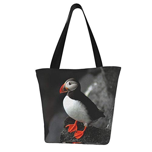 Bolsa de lona personalizable, diseño de pájaro de Atlantic Puffin con pico de pájaro sentado en roca lavable, bolsa de hombro para la compra para mujer