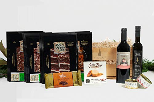 Cesta Navidad Gourmet: Jamón e ibéricos de Guijuelo - Pates de Campaña - Aceite AOVE Premium - Queso Cremosito Premio al mejor queso del mundo - Vino Tinto - Turrón.