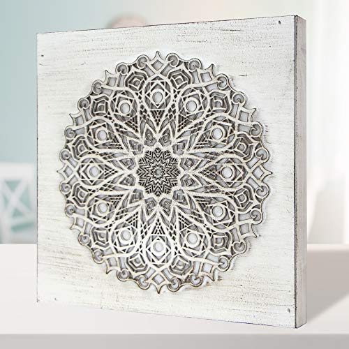 Cuadro Mandala de Pared Calada, Fabricada artesanalmente en España- Mandala 3D Cuadrada Pintada a Mano (223 Blanco, 50x50 cm)