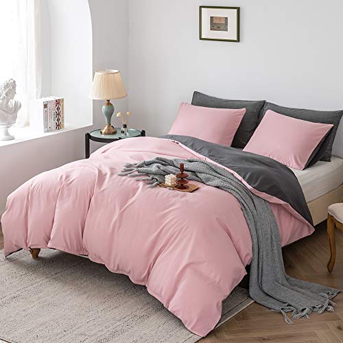 Damier Ropa de cama de 220 x 240 cm, color rosa palo, gris, reversible, juego de cama de microfibra, funda nórdica de 220 x 240 cm y 2 fundas de almohada de 80 x 80 cm