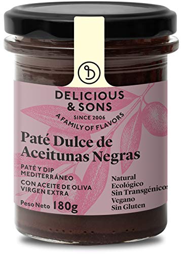 Delicious & Sons Paté Dulce de Aceitunas Negras - Ecológico - Sin Transgénicos - Sin Gluten - Vegano - Con Aceite de Oliva Virgen Extra 180g