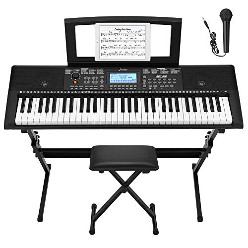Donner Kit de Teclado Piano Electrico 61 Teclas, Organo Electronico Piano Digital Professional con Soporte de Piano/Banco/Atril de Partituras/Micrófono, DEK-610S