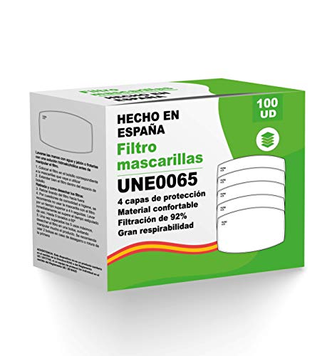 [ENVÍOS EN 24H] KALLPA® Pack de 100 filtros para mascarillas UNE0065 - REUTILIZABLES - fabricados en España - hidrófobo, antiestático y antibacteriano, muy transpirable (TNT) (Packs Adulto)