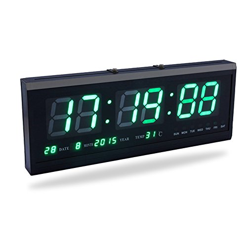 Fdit LED Reloj Digital Grande con Tiempo Calendario Fecha y Temperatura Indicación Reloj de Escritorio para Hogar Oficina Restaurante Aeropuerto Banco (Rojo/Azul/Verde) Socialme-EU (Verde)