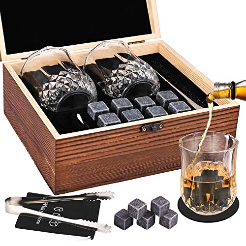 GOLDGE - Juego de regalo de piedra a Whisky con 8 piedras de refrigeración de granito negro pulido FDA-Vite refrigeración, 2 vasos de Whisky & Pincetas de Barman & Deluxe caja de madera