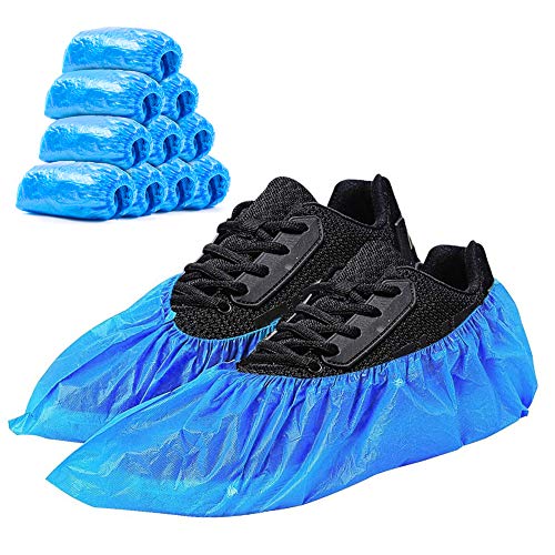 Guffo 100 unidades desechables de plástico azul impermeable al agua Cubre zapatos,Material de CPE, Cubrezapatos desechables para decoradores/visitantes