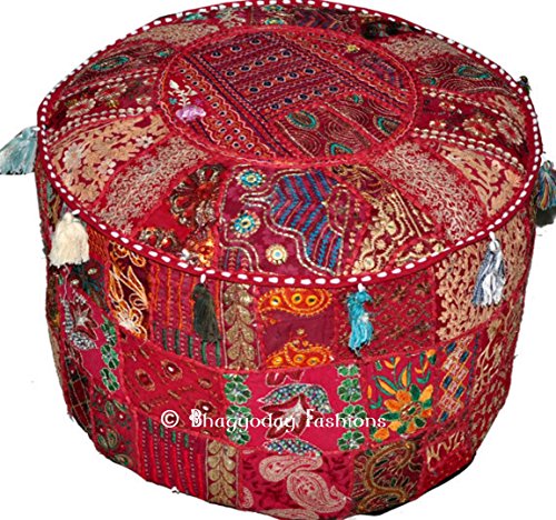 Indian Round Patch Work Embroidered Ottoman Pouf, Indian Round Ottoman Stool Pouf Pillow Patterned Cocktail Vintage Hassock Pouffe, Cotton Handmade Ottoman Pouf, 18x13 Inch. By Bhagyoday by BhagyodayFashions