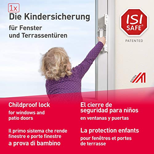 ISI SAFE, el cierre de seguridad para niños No. 1 - BLANCO para ventanas y puertas de patios y balcones, instalación sin necesidad de herramientas, de taladrar ni de pegar y sin dañar la ventana