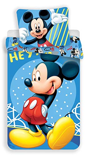 JF Disney Mickey Mouse Hey - Juego de cama (reversible, 140 x 200 cm, funda de almohada de 70 x 90 cm, 100% algodón), diseño de Mickey Mouse