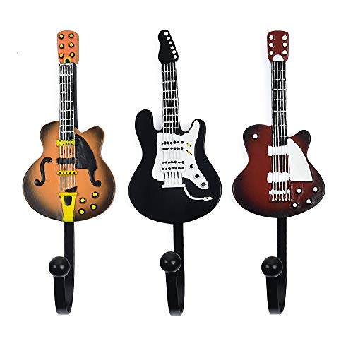 KUNGYO Juego de 3 Ganchos Decorativos Guitarra Forma Vintage Perchero de Pared para Colgar Sombrero,Abrigos,Teclas,Bolsa,silenciador (B-Guitar Hooks)