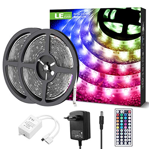 LE Tira Luz RGB 10M, Tira LED 300 SMD 5050, Multicolor y Regulable, Tira Luces LED RGB Impermeable IP65 con 20 Colores 8 Modos, Control Remoto de 44 Teclas, Tiras LED TV para Decoración, Paquete de 2