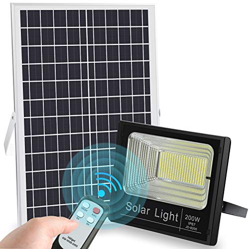LEDMO LED Luz Solar Exterior 200W con Control Remoto 8M focos led exterior solares 6500K IP67 Impermeable Encendido/Apagado Inteligente 400 Leds El área iluminada es de aproximadamente 350 m²