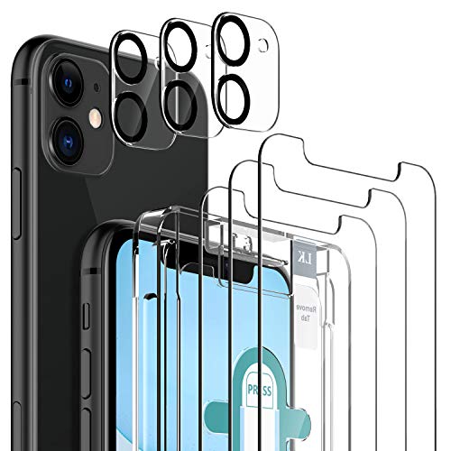 LK Compatible con iPhone 11 Protector de Pantalla,3 Pack Cristal Templado y 2 Pack Protector de Lente de cámara, Doble protección, Kit de Instalación Incluido
