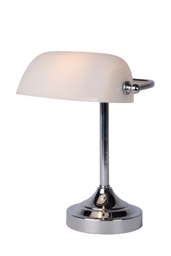 Lucide 17504/01/11 - Lámpara de escritorio tipo banquero con pantalla de cristal (E14), color cromado y blanco