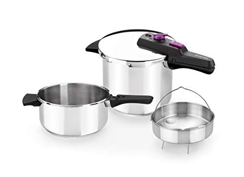 Monix Tempo Duo - Set de ollas a presión 4+7 L incluye cestillo in acero inoxidable 18/10, apta para todo tipo de cocinas incluida inducción