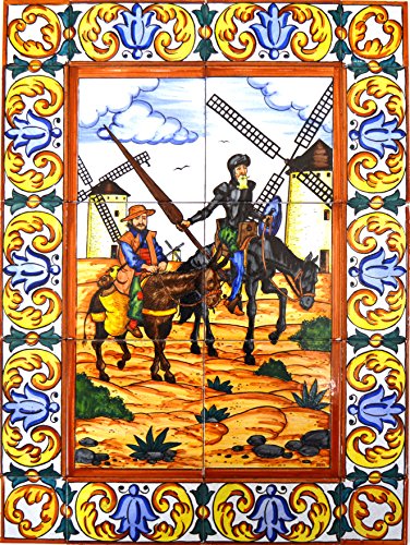 Mural Don QUIJOTE/Sancho Panza/Miguel DE Cervantes con Cenefa de cerámica Pintado a Mano. 45 cm x 60 cm.