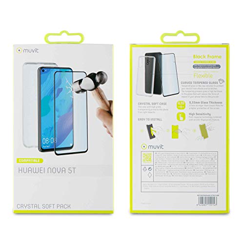 Muvit Pack Huawei Nova 5T Funda Cristal Soft Transparente + Protector Pantalla Vidrio Templado Plano Marco Negro