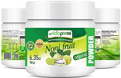 myVidaPure Organic NONI Fruit Powder. 100% Pure Natural RAW Gluten Free Non-GMO. SUPERFOODS Super Greens para salud, repostería, belleza, cocina y suplementos dietéticos. 180 Gramos