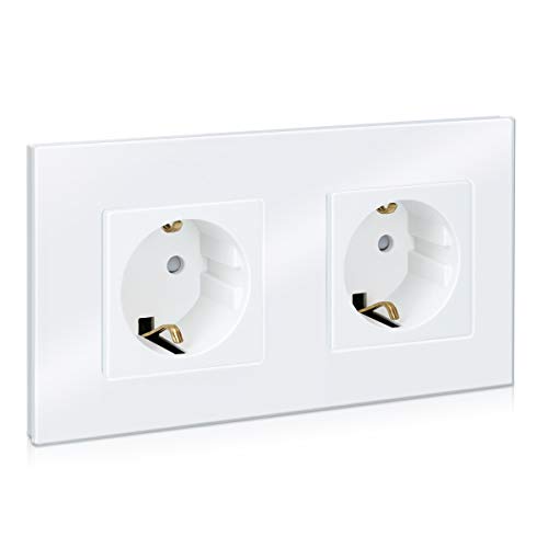 Navaris Enchufe con marco de cristal - Enchufe Schuko tipo F doble para empotrar - Placa de vidrio empotrable en pared con diseño elegante - Blanco