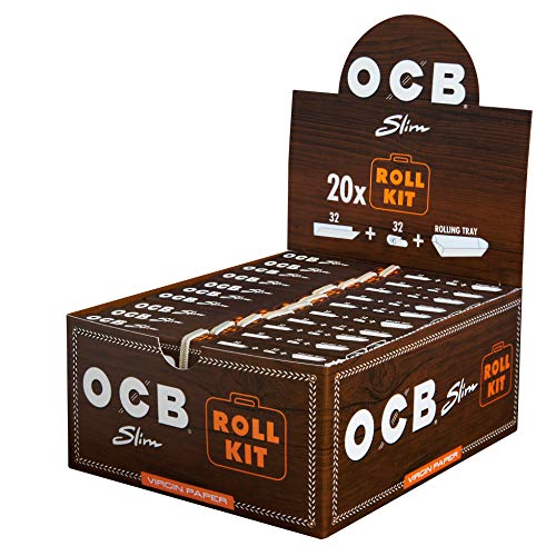 OCB 18655 RollKit-KS Slim Unbleached Virgin Paper Rolling Tray-20 - Juego de 20 cuadernos de papel y 32 papeles