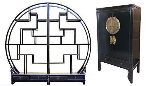 OPIUM OUTLET Conjunto de muebles de salón, estantería redonda asiática con armario de boda chino, divisor de habitaciones, estantería de pared, armario alto, estilo oriental, vintage, color negro