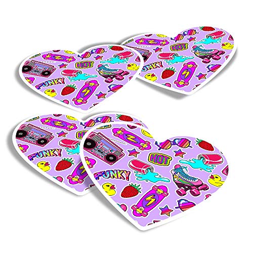 Pegatinas de vinilo con forma de corazón (juego de 4) – rosa púrpura retro iconos de los 80 divertidos adhesivos para portátiles, tabletas, equipaje, reserva de chatarra, neveras #14720