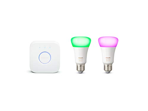 Philips Hue Bluetooth Pack 2 Bombillas Inteligentes LED E27 y Puente, Luz Blanca y de Colores, Compatible con Alexa y Google Home