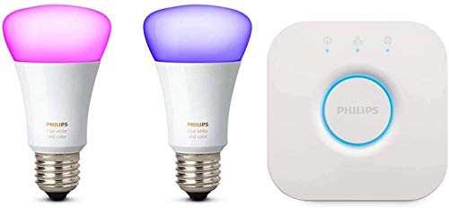 Philips Hue Kit 2 Bombillas Inteligentes LED E27, 9.5 W y Puente, Luz Blanca y de Colores, Compatible con Alexa y Google Home
