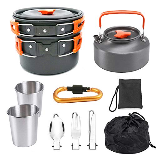 QAZWSX Camping Cooker Pan Set Juego de Utensilios de Cocina de Aluminio para 2 Personas, Olla portátil para ollas al Aire Libre para Picnic, Senderismo y Senderismo-Orange