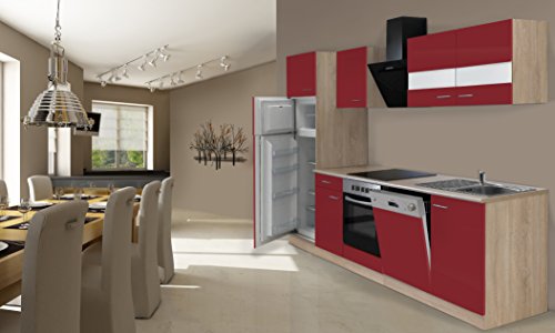 respekta Instalación de Cocina Cocina 280 cm Roble Rojo Incluye Nevera y congelador Combinado vitrocerámica & Lavavajillas