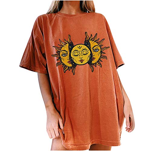 Routinfly Camiseta estampada de manga corta para mujer, camiseta suelta para el tiempo libre, camiseta vintage con estampado de sol y luna