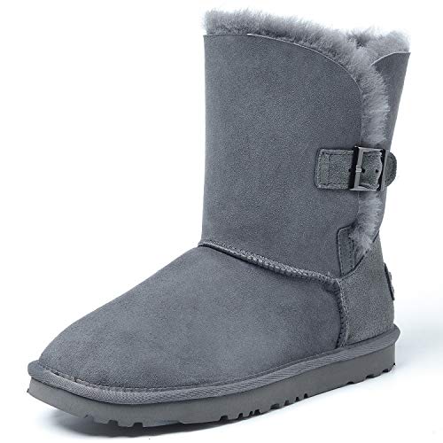 Shenduo Zapatos Invierno - Botas de Nieve de Piel Oveja con Lana Interno Antideslizantes con botón para Mujer DV5803 Gris 38