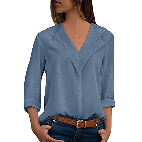 SHOBDW Camisa de Cuello en v Gasa sólida de Las Mujeres Camisa de Trabajo de Las señoras de la Oficina Blusa Tops de Manga Larga de otoño Invierno(Azul Claro,L)