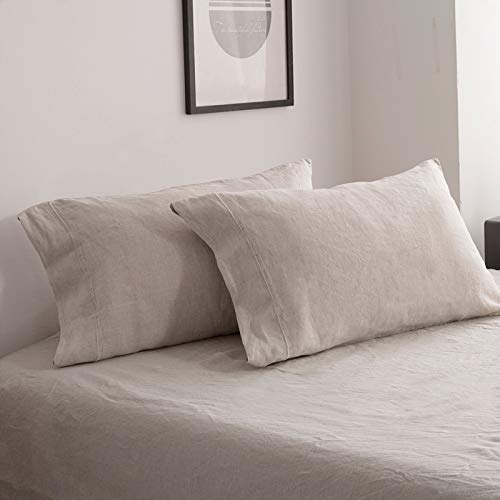 Simple&Opulence Juego de 2 fundas de almohada de lino puro, tamaño estándar (50 x 75 cm), funda de almohada con cierre de sobre con bordado, lino natural