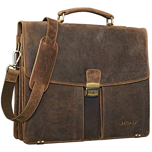 STILORD 'Julian' Clásico maletín de Piel Vintage para Hombres y Mujeres Bolso de Negocios Mano para Trabajo Oficina y portátil de 15,6' de auténtico Cuero, Color:marrón - Medio