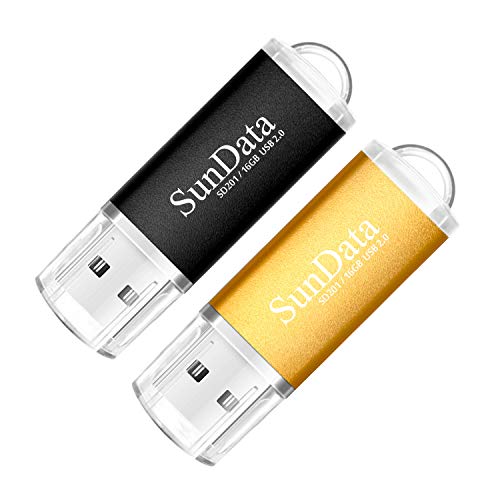 SunData Memorias USB 2 Piezas 16GB PenDrives 16GB Unidad Flash USB2.0 Pen Drive con Luz LED (2 Colores: Negro Oro)