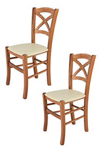 Tommychairs - Set 2 sillas Cross para Cocina y Comedor, Estructura en Madera de Haya Color Cerezo y Asiento tapizado en Polipiel Color Marfil
