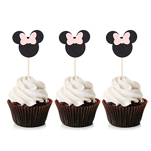 Unimall Global 24 adornos inspirados en Minnie Mouse, para cupcakes con lazo rosa y purpurina negra, para fiesta de cumpleaños, decoración de pasteles