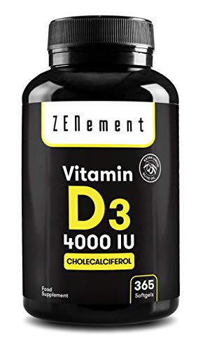 Vitamina D3 4000 UI, 365 Perlas | Vitamina D Natural (Colecalciferol) | con Aceite de Oliva Virgen Extra | 1 Año de suministro | Sistema Inmunológico | Sin Gluten, Sin Aditivos | de Zenement