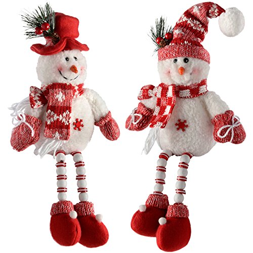 WeRChristmas – Sentado Patas de Madera de botón de muñecos de Nieve con Decoraciones navideñas, 33 cm, Color Rojo/Blanco, Juego de 2
