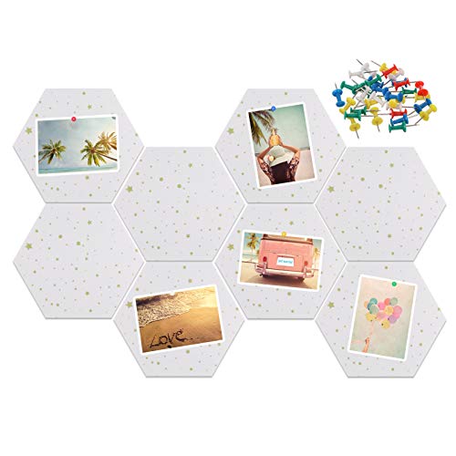 Xinzistar 8 x tablones de corcho con chinchetas, hexagonal, pizarra de corcho autoadhesiva, paneles de pared, para colgar fotos, casa, oficina, (blanco estrellas)