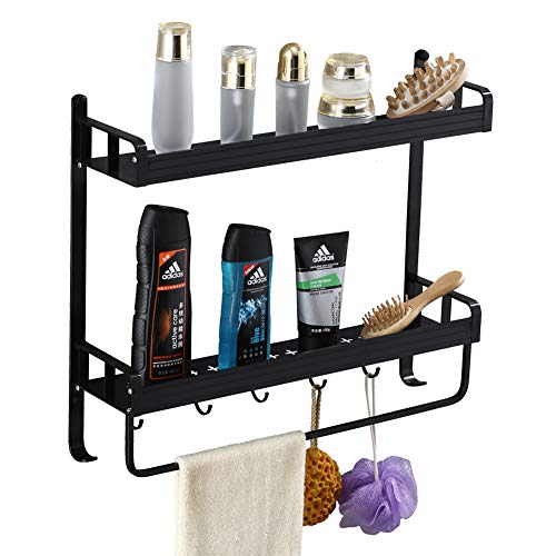 Yeegout adhesivo estanteria ducha con barra de toalla y ganchos, aluminio Espesamiento estanteria baño sin taladro montado en la pared estante para baño para cocina (2 nivel negro)