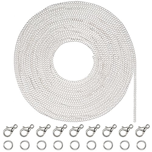 33 Pies de Collar de Cadena Chapado de Plata con 30 Anillas Abiertas y 20 Broches de Langosta para Fabricación de Bisutería (1,5 mm)