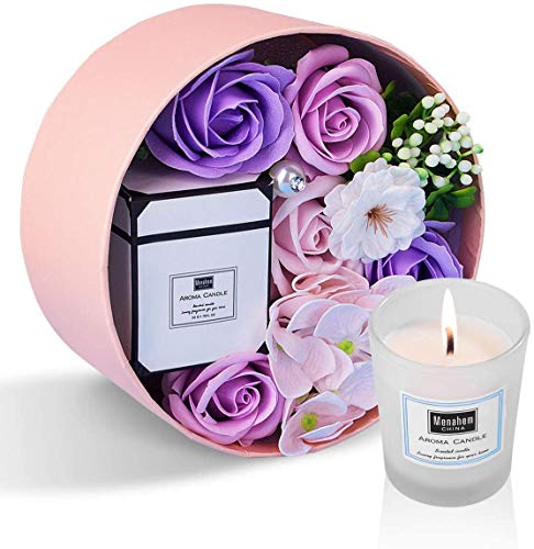 ANBET Caja Redonda de Flores de jabón para Mujeres con Velas perfumadas Rosa Artificial y Cera Vegetal Natural Aromaterapia Regalo de baño para Aniversario, día de San Valentín, día del Maestro